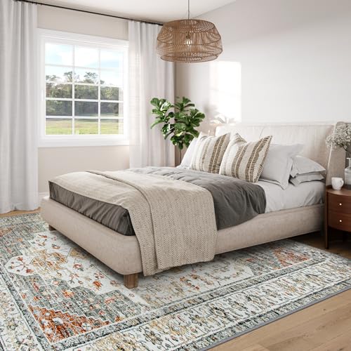 Moynesa Ultra-Thin Washable Area Rug 8x10, Large Living Room Rugs for Bedroom Under Dining Room Table, Vintage Oriental Medallion Printed Low Pile Carpet for Home Office Decor, Beige/Gold
