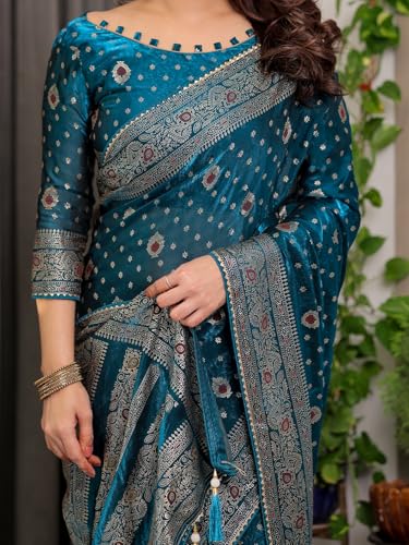 Image of ALMAARI FASHION Fendy Satin Foil Print Floral Saree with Tassels, Traditional Butti Motifs, 5.5m with 0.8m Blouse (FOIL 102 RAMA H)