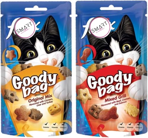 Goody Bag Cat Treats - Mixed Grill (Beef, Chicken & Salmon) and Original Mix (Chicken, Liver & Turkey) 60g one of each – Bundled by Smart Cutie