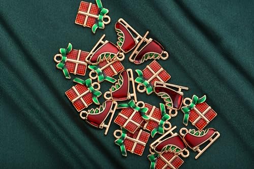 Image of VIDRIO Pack of 80 Christmas Gift and Skates Enamel Charms Gold Plated Colored Pendants Accessories for Necklace Bracelet Jewelry Making DIY Crafting