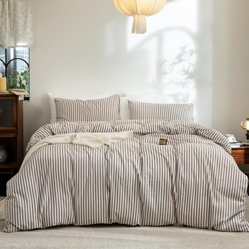 FOSSA Striped Duvet Cover Set 100% Washed Cotton Linen Feel Oversized Queen