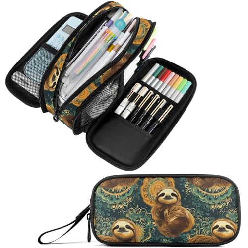 Image of Fustylead Retro Cute Sloths on Green Mandala Background Large Pencil Case Portable Stationery Bag Cosmetics Bag with Handle for School Office Travel