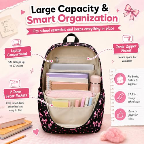 Image of LOIDOU Backpack for Girls School Backpacks Bookbags for Elementary Middle School Women Laptop Backpacks (Bow Tie Black, L-17)
