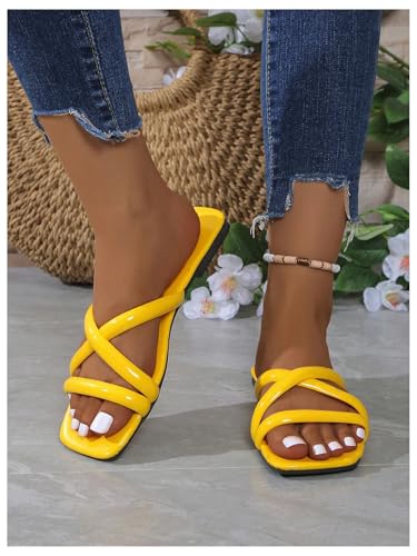OYOANGLE Women's PU Leather Criss Cross Strap Flat Sandals Square Open Toe Slide Sandals Indoor Outdoor Shoes2