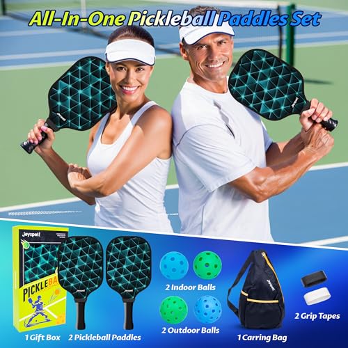JOY SPOT! Pickleball Schläger Set (2er) mit Fiberglas-Oberfläche & Honigwabenkern, Leichtgewichtig, Ergonomischer Griff, 4 Bälle & Tragetasche, Indoor Outdoor Aktivitäten für Anfänger, Jugendliche