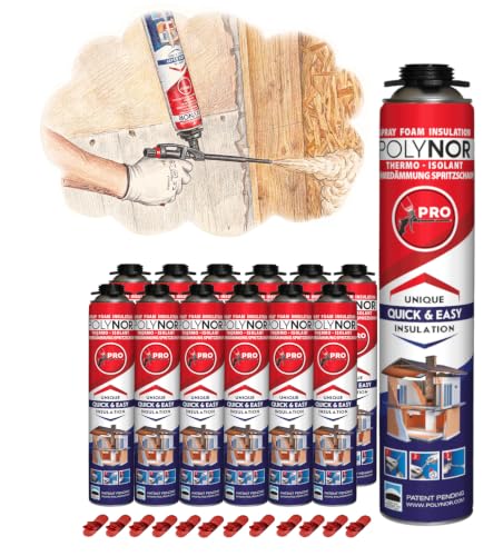 POLYNOR Isolamento termico PUR in bomboletta PRO - Set - 12 schiume - Pistola per schiuma - Isolamento termico a spruzzo - Isolamento di pareti, tetti, soffitti, tubi - Aerosol 750 ml