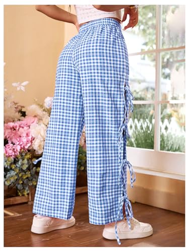 Floerns Women's Gingham Print Elastic Waist Slit Tie Sides Straight Leg Pants2
