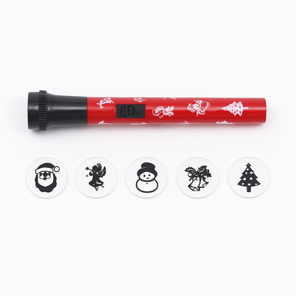 Lizzy Red 1 X Christmas Torch With 5 Image Covers | Christmas Shapes Cover Xmas Tree Snowman Candy Bell Kids Toddler Projector Light Torch With Christmas Character