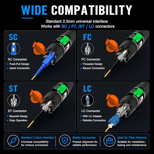 Image of Fiber Optic Visual Fault Locator Kit, Red Light Fiber Tester for Single Mode and Multimode Cable, VFL Pen Compatible with SC ST FC LC Connectors, Network Maintenance Test Tool