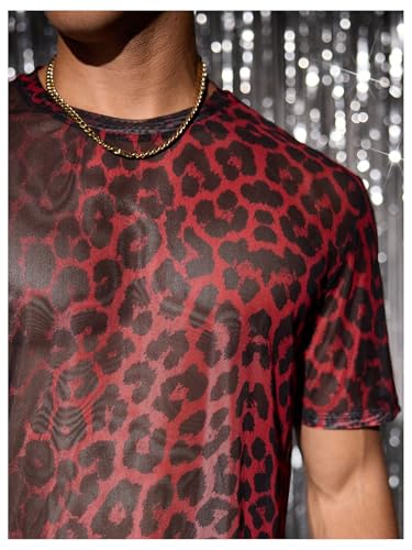 OYOANGLE Men's Leopard Print Sheer Mesh Short Sleeve T-Shirts Party Crew Neck Tee Tops Clubwear3