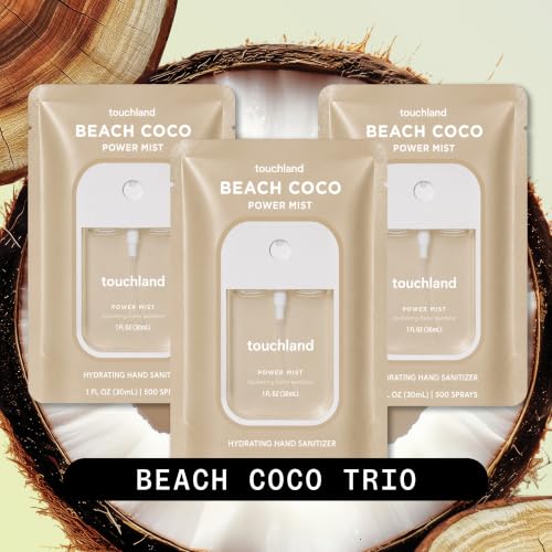 Image of Touchland Beach Coco Hydrating Hand Sanitizer Spray, 3 Pack Travel Size | TSA ready Power Mist with skincare benefits. Tropical and fresh scent, transporting you to sun-drenched shores.