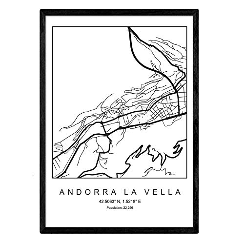 Imprimer Plan de la ville Andorre-la-Vieille style scandinave en noir et blanc. affiche de format A3 papier imprimé No 250 gr. Peintures, estampes et affiches pour le salon et chambre à coucher