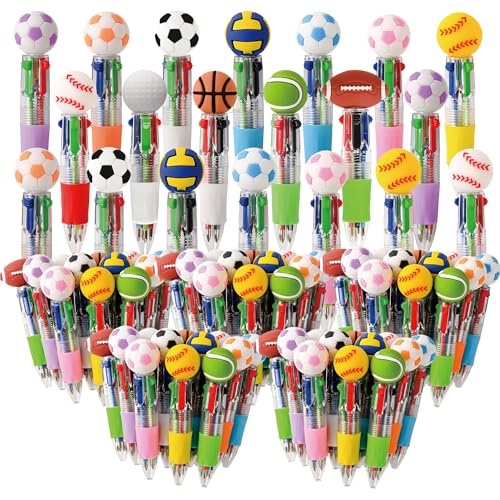 LiYiQ 100 Pcs Sports Party Favors Multicolor Pen in One Cartoon Cute Fun 4-in-1 Cute Pens Bulk Kawaii Soccer Football Basketball Baseball Shape Cool Ballpoint Pens Fun Gifts