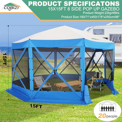Image of COBIZI 15x15 FT Pop Up Gazebo - Canopy Tent, Large Gazebos On Clearance,Instant Screened in Gazebo,carpas para Patio,Portable Screen Tents for 12-15 Persons Outdoor Camping, Backyard, Blue