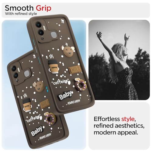 Image of Pikkme Back Cover for Infinix Hot 12 Play | 3D Bear Silicone Cute & Fun Coffee Cartoon | Full Body Protection Bumper Case (Brown)