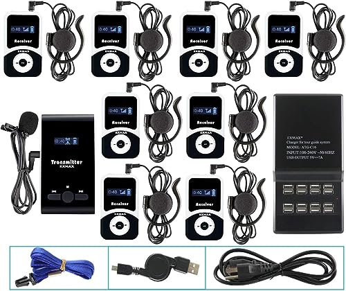 Sistema Inalámbrico para Guías Turísticos EXMAX® EX-100: Dispositivo Traductor para Audiencias en Tribunales, Iglesias, Visitas Guiadas y Traducción Simultánea (1 Transmisor, 8 Receptores y Estación de Carga de 16 Puertos) miniatura 1