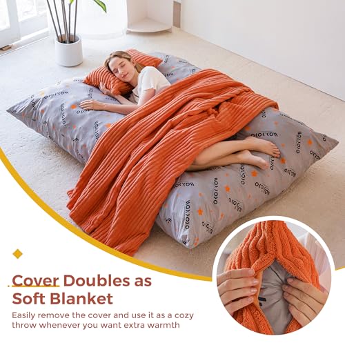 Image of MAXYOYO Giant Bean Bag Chair with Pillow, 3 in 1 Convertible Bean Bag Chair for Adults with Washable Cover, Removable Floor Cushion Stuffed Floor Lounger for Living Room Bedroom, Orange, Full