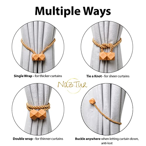 NazTur Magnetic Curtain Tiebacks- Upgrade 2022 with a Thicker Twist Rope & Strong Magnet Tieback Window Treatment Holdbacks Draperies Holders Decorative Drape Handmade Tie Back (Gold, 2)