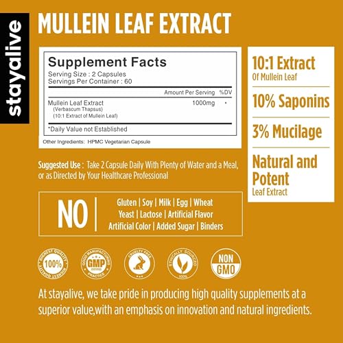 Image of STAY ALIVE Mullein Leaf Extract 1000mg, 10:1 Extra Strength, 120 Vegan Mullein Capsules, All Natural, 100% Pure Leaves Powder, 2 Month Supply, Non-GMO and Gluten-Free Supplement