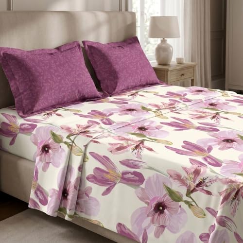 Image of MYTRIDENT Soft Comfort Bedsheet for Double Bed, 100% Cotton Bedsheet, 180 TC, Soft and Breathable, King Size Bedsheet with 2 Pillow Covers - Dahlia