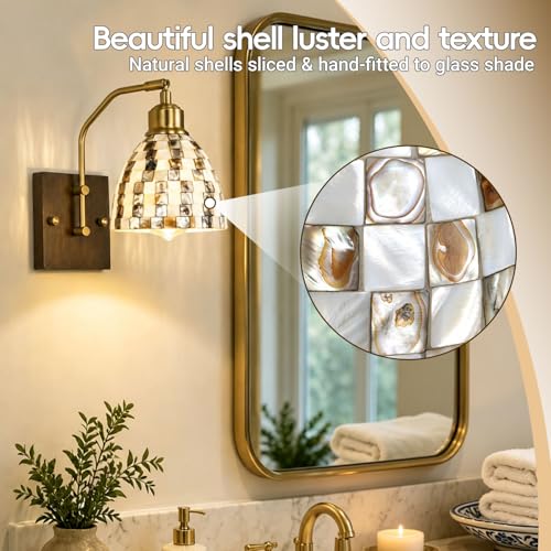 Image of Mother-of-Pearl Shell Mosaic Shade Wall Sconce, Plug-in or Hardwire Wall Lamp with Edison LED Bulb, Vintage Solid Wood Brass Lamp Body Wall Light for Living Room, Bedroom, Hallway, Bedside