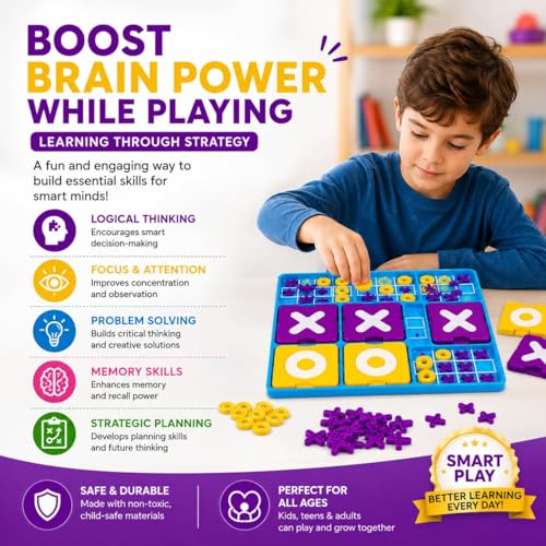 Image of Ultimate Tic Tac Toe Board Game for Kids 8+ & Adults | 3D Strategy Brain Game for Family Fun, Educational Thinking Toy | Indoor Travel Board Game for Boys, Girls & Family Game Night