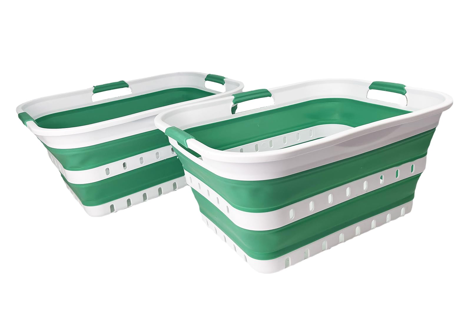 SAMMART 42 Collapsible Plastic Laundry Basket, Foldable Pop Up Storage Container/Organizer, Space Saving Hamper, Portable Bin for Dorm Room Bathroom (2, White/Winter Green)