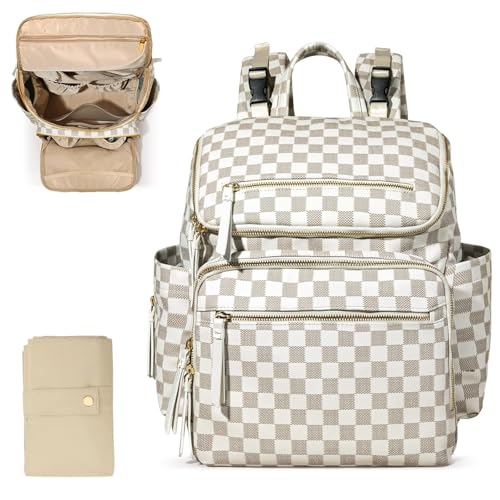 MISS FONG Mochila cambiador a cuadros beige y miel