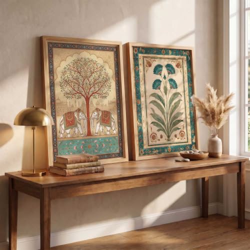 Image of HOTHOUSE Indian Traditional Art Wall Painting Home Decoration With Frame For Living Room Bed Room Hotel Wall Decor Digital Reprint Engineered Wood Set of 2 (10X13 inch)