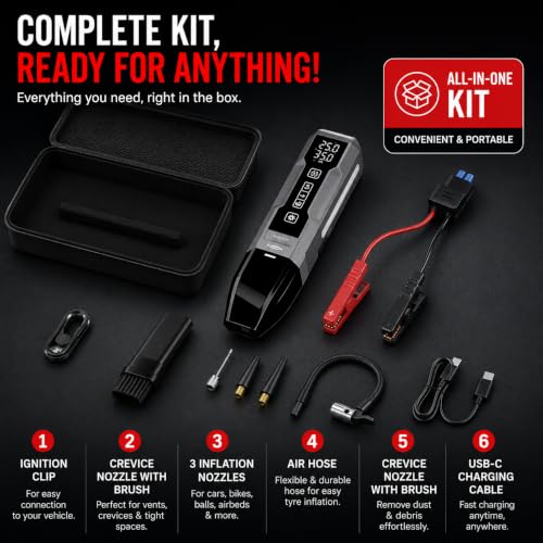 Image of Carlizem 4-in-1 Car Vacuum Cleaner Cordless with Tyre Inflator, Jump Starter & Emergency Light | Portable Car Emergency Kit, 150 PSI Air Pump, 600A Battery Booster Flash