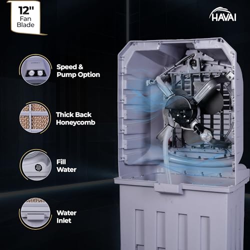 Image of HAVAI Breeze-12 Personal Air Cooler | 50L Tank | 12″ Blade | Ideal for 100 sq ft Rooms | 98W Power | 8 ft Air Throw | 2600 RPM | Auto-Louver | 3-Speed | 1-Year On-Site Warranty (Grey)