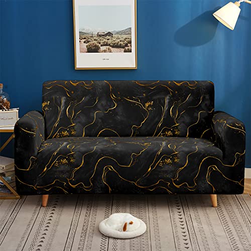 Hosima Black Golden Marble Loveseat Cover,Abstract Fluid Sofa Couch Cover For 2 Cushion Couch,Printed Stretch Washable Loveseat Slipcover Furniture Protector For Living Room,Medium（57-77 Inch） #TOP3