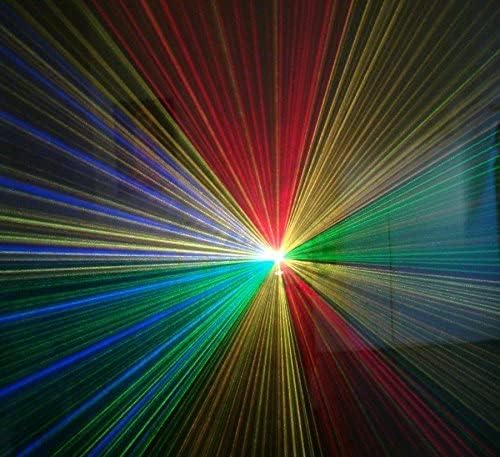 Colorful laser beams emanating from a central point, creating a starburst effect