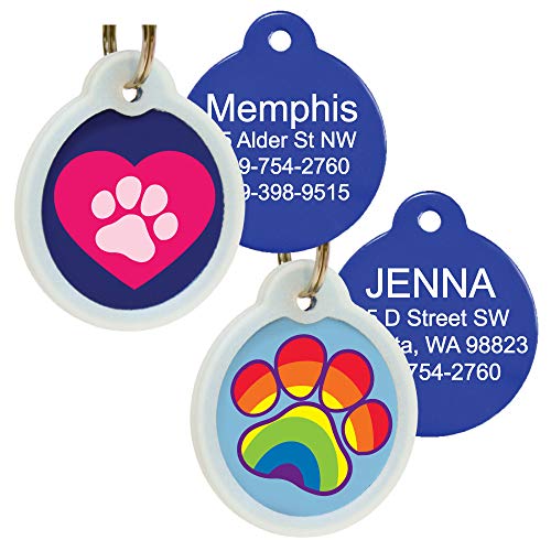 GoTags Unique Pet Tags, Personalized with 4 Lines of Custom Engraved ID, Silent Dog Tags with Glow in The Dark Silencer to Quiet Tag, Several Cute Tag Designs for Cat or Dog, (Heart with Paw) California