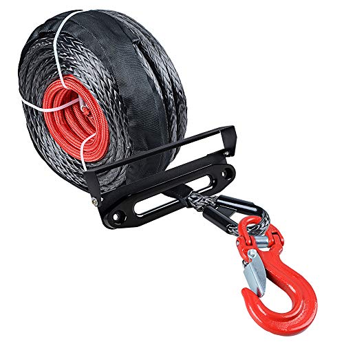 amopacorp 95 ft x 3/8 inch Synthetic Winch Rope with Flip-Up Hawse Fairlead Mounted License Plate Holder and Anodized Black 10