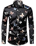 ZEROYAA Men's Hipster Butterfly Design Silk Like Satin Button UP Dress Shirt for Party Prom ZLCL15-Black Medium