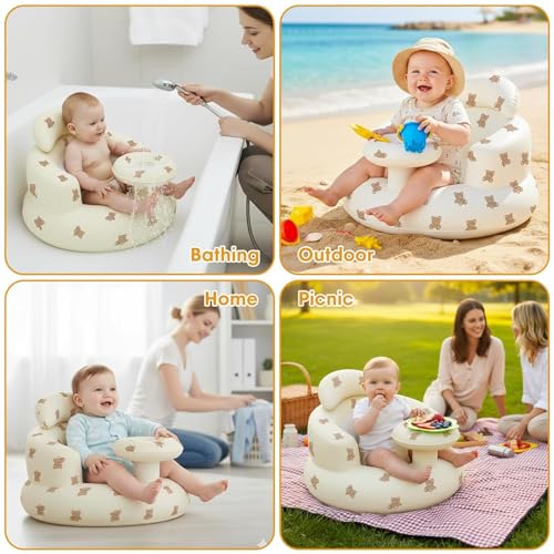 Image of Inflatable Baby Seat with Tray, Comfortable Sit Me Up Floor Seat for Baby Learning to Sit, Portable Built in Air Pump Blow Up Baby Chair，Sitting Support Infant Chair for 3 Months Up