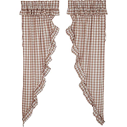 VHC Brands Annie Buffalo Portabella Check Farmhouse Ruffled Prairie Panel Curtain Set 84x36x18