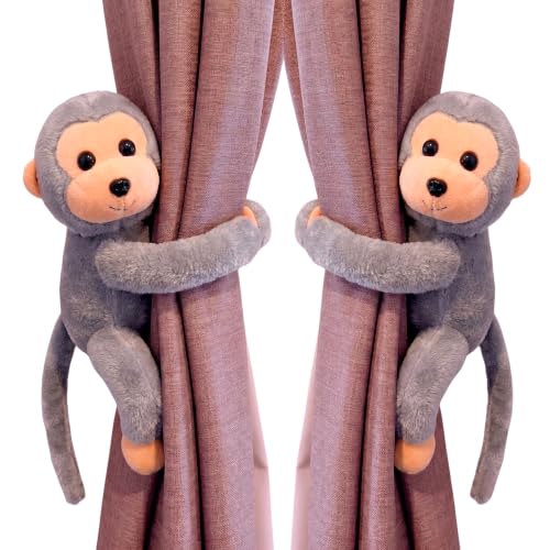 Image of Tickles 2 Pcs Monkey Soft Plush Toy Curtain Tiebacks Holder Clip for Children Living Room Decoration Accessories Window Curtain Decoration (Size: 28 cm Color: Grey)