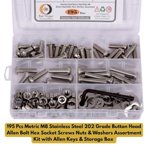Image of Metric M8 Stainless Steel 202 Grade Button Head Allen Bolt Hex Socket Screws Nuts & Washers Assortment Kit with Allen Keys & Storage Box - 195 Pieces