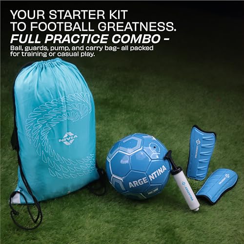 Image of Nivia Football Combo Pack of 4, 1 PVC Football, 1 Pair Shin Guard, 1 Ball Pump, 1 Carry Bag, for Kids & Adults, Size-3 (Argentina)