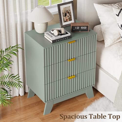 Image of Fluted Nightstand Sets of 2 with 3 Large Drawers, Wooden Side End Table with Elevated Legs for Easy Cleaning, Sturdy Modern Beside Table for Small Space, Bedroom, Green, 24 inch L