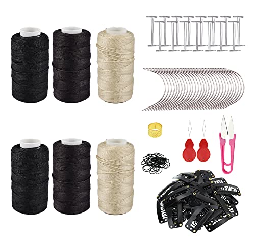 Hair Extensions Kit Hair Extensions Tools Needle Threader Clip Wig Making Set With 30 Curved Needles, 30 T-Pins, 6 Rolls Weaving Thread, 2 Needle Threader, 2 Hairpins, 1 Thimble, 1 Scissors