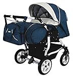 Adbor Duo Spezial Zwillingskinderwagen mit Babyschalen, Zwillingswagen, Zwillingsbuggy Farbe D-8 blau/weiss