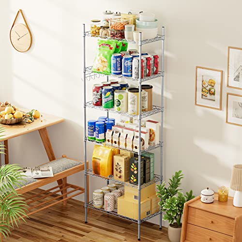 Auslar Metal Storage Shelves 6 Tier Wire Shelving Unit - Metal Racks For Storage With Adjustable Level Feet And Hanging Hooks, Chrome, Grey (24.26" L X 11.5" D X 63" H) #TOP3