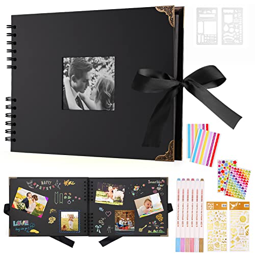 DazSpirit Album Photo 80 Pages Noir Scrapbooking Album 29,5 X 21Cm Livre Scrapbooking Avec 6 Stylos Métalliques, Pour 160 Photos, Livre D'or Pour Anniversaire Et Mariage (Noir)