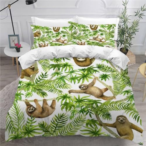 MEVASA Kids Bedding Sloth Duvet Cover Set - Hypoallergenic Microfiber Eucalyptus Fluffy Single Duvet Cover 3 Pieces /135x200