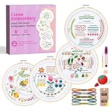 MAKEASY Kit Broderie Debutant, 4 Tissus à Broder avec Motif, Cercle Bambou et Outils de Point de Croix Complet, Embroidery Stitch Kit avec Instruction pour Débutants