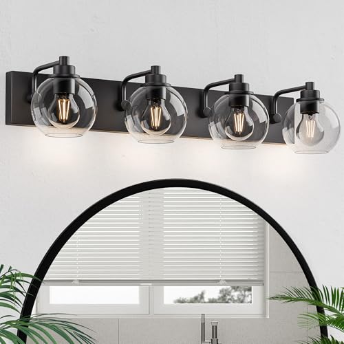 Image of Bathroom Light Fixtures-Matte Black Vanity Lights for Bathroom, Modern Black Vanity Lights 4-Light Bathrooms Lighting Fixtures Over Mirror with Clear Glass Shade