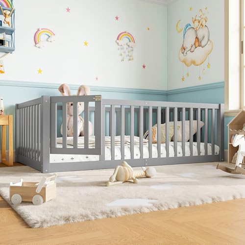 Image of Bellemave Twin Size Kids Montessori Floor Bed with Door,Solid Wood Floor Bed Frame with High Fence for Girls,Boys,Gray